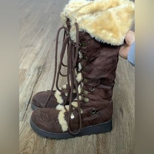 Bamboo suade fuzzy knee high boots.